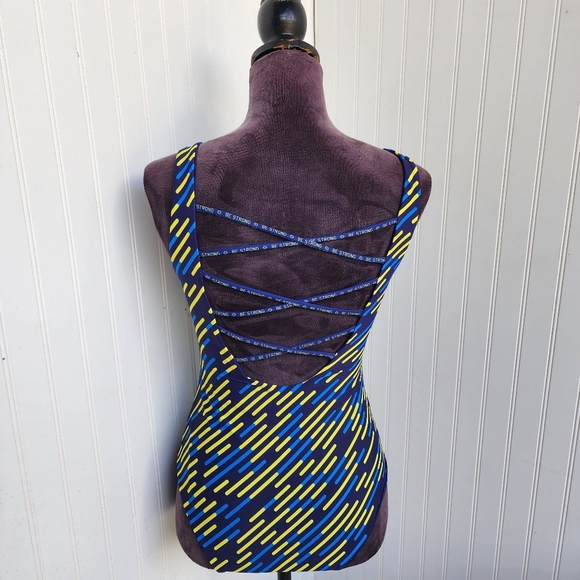 NWOT One Piece Swimsuit Navy Yellow Geo Scoop Neck Strappy Straps Lined Cups M - Picture 5 of 15
